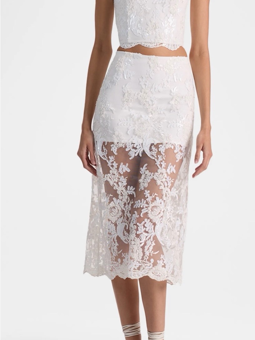 Alice + Olivia White Lace Midi Skirt With Sheer Floral Overlay